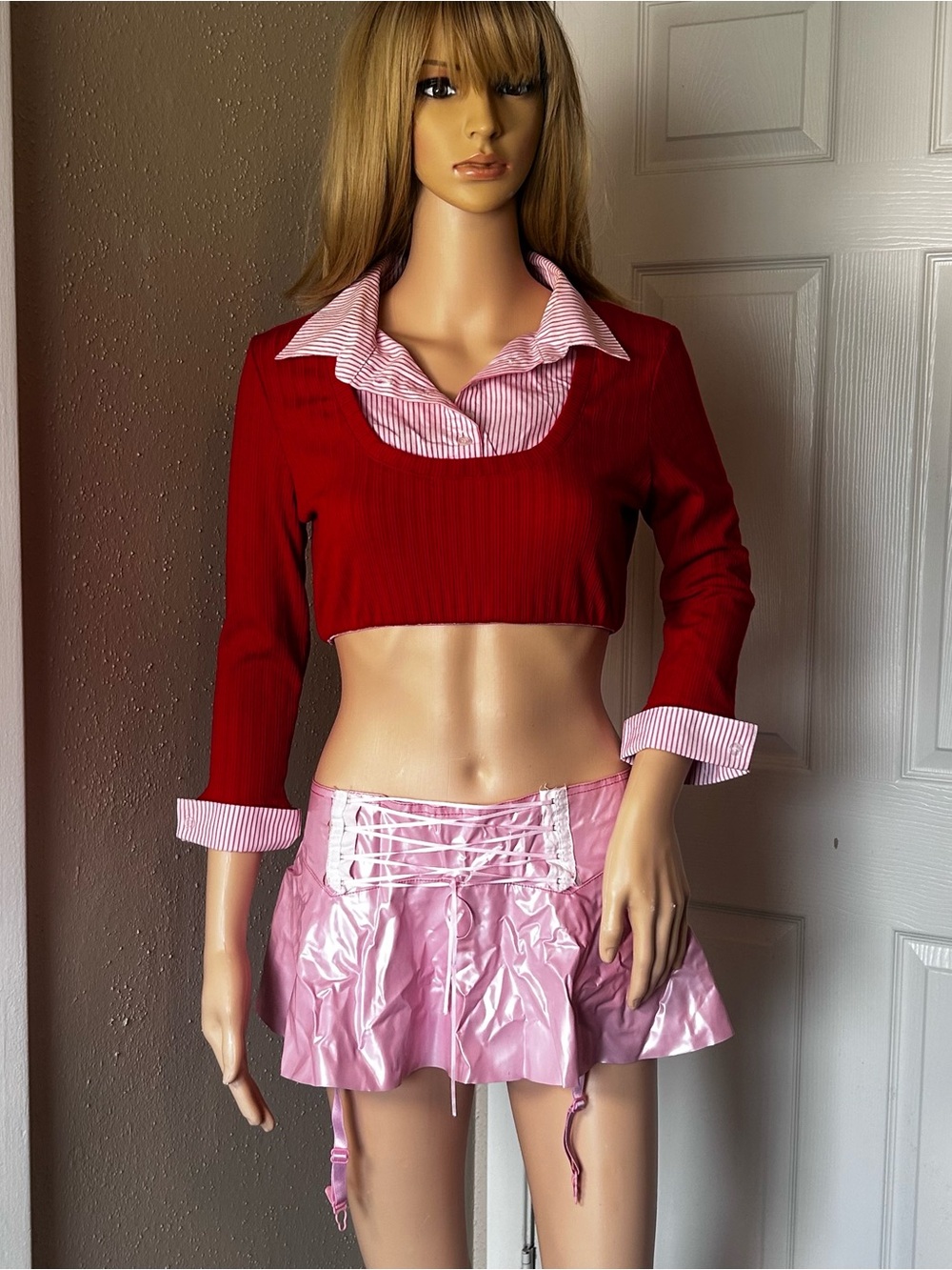 Music Legs Red Crop Top & Pink Vinyl Lace-Up Mini Skirt Set